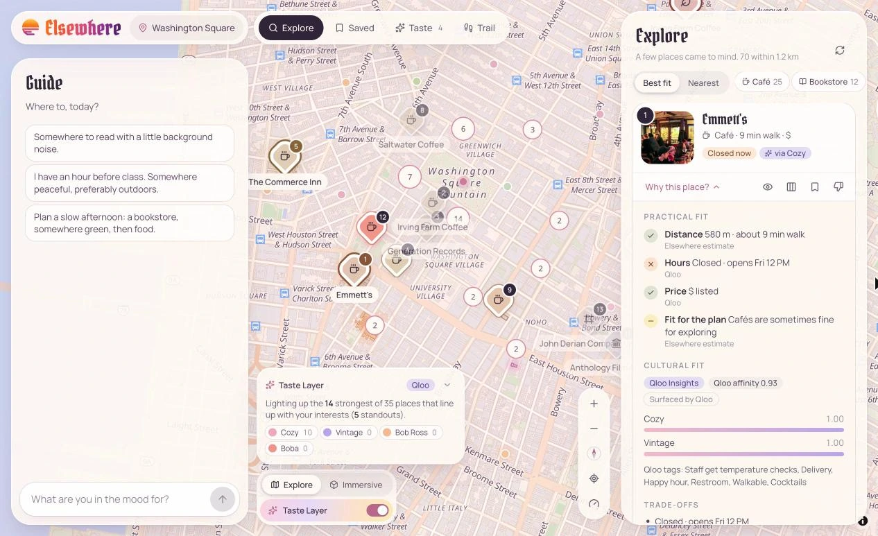 Explore mode with the Taste Layer and a "Why this place?" breakdown