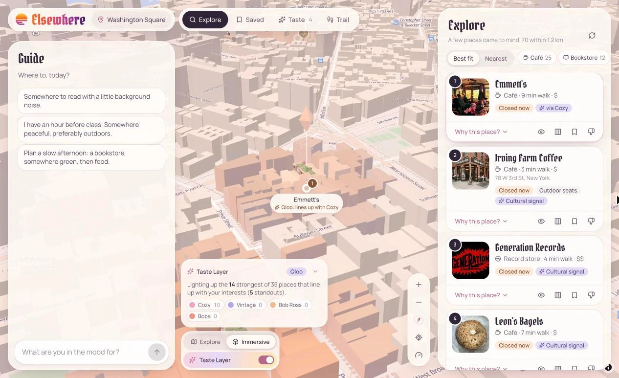 Immersive 3D: buildings around a taste match tinted in warm rings