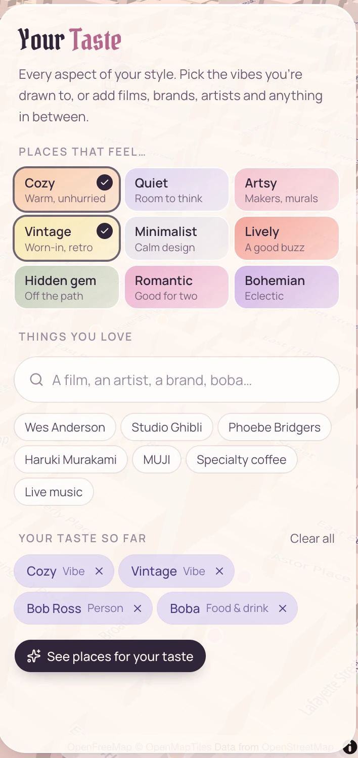 Your Taste: vibe cards and interests
